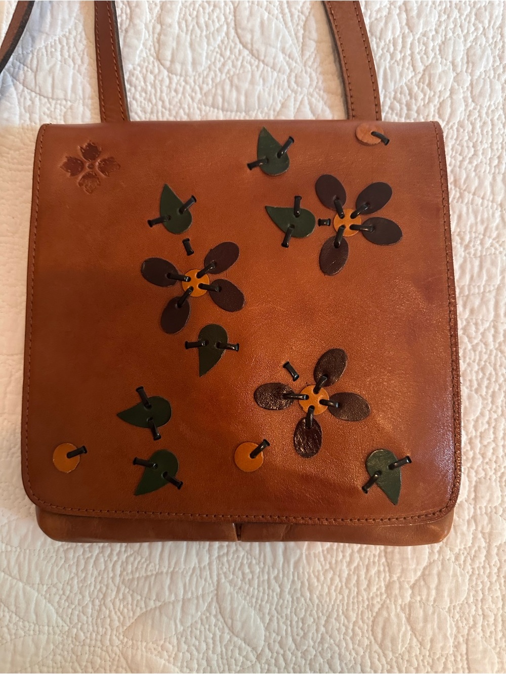 Patricia Nash Brown Leather Crossbody with Floral Appliqués